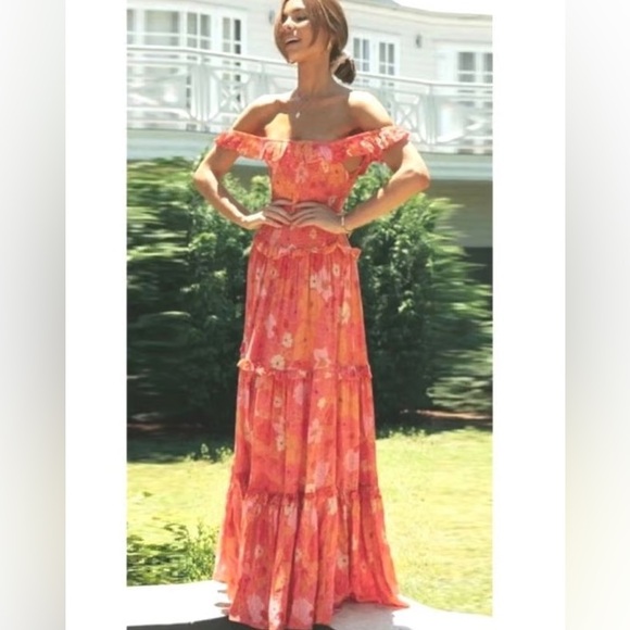 Abel the Label Coral Orange Pink Floral Print Smocked Off Shoulder Maxi Dress XS - Picture 3 of 14